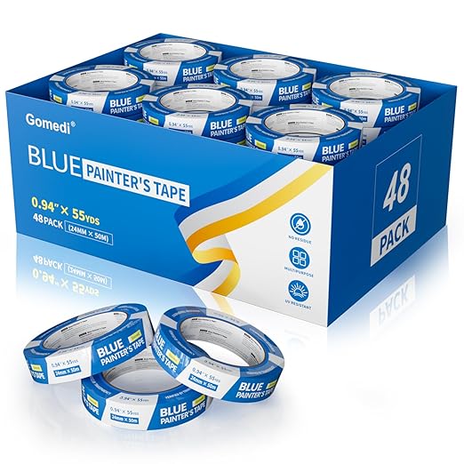 48 Rolls Blue Painters Tape Bulk 1 Inch, Paint Tape 0.94In× 55 Yards, Upgrade Masking Painter's Tape for Walls Painting Car Crafts Home UV Resistant, Total 2640 Yards