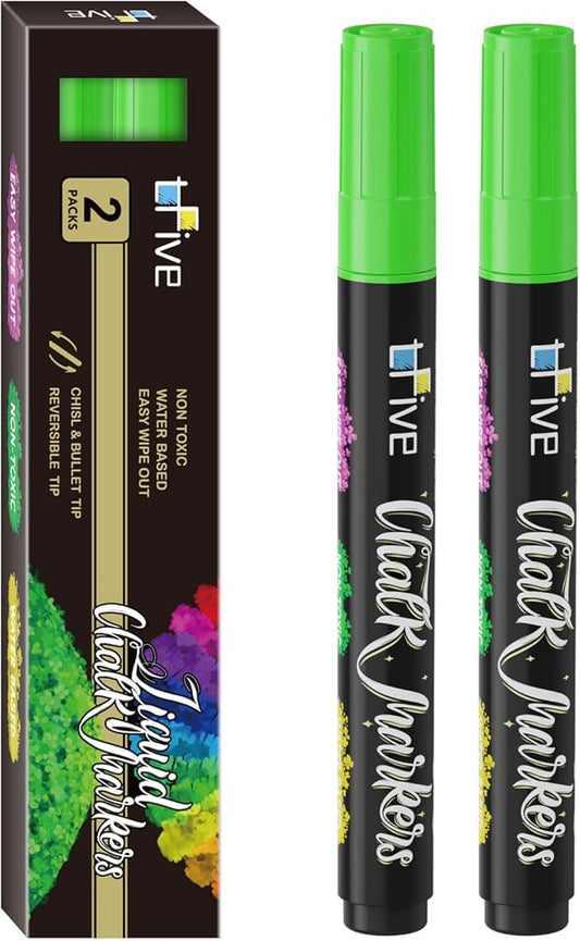 TFIVE Green Liquid Chalk Markers - 2 Pack Bright Colors Erasable Chalk Marker Pens, Reversible Tip, Non-Toxic, for Chalkboards, Signs, Glass, Easy to use Chalk markers TF800