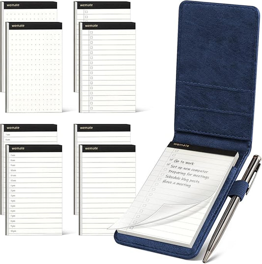 WEMATE 10 Pieces Small Notepad Holder Set Pocket Notebook - Included Mini Pocket Notepad Holder Set with 8 Memo Book Refills and Metal Pen for Meetings, Daily Records, and Notes 3 x 5 Inch (Blue)
