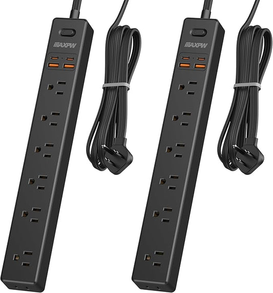 2 Pack Power Strip Surge Protector - 7 Outlets 4 USB Ports (2 USB C), 6 Ft Ultra Thin Flat Plug Extension Cord, 1875W/15A, 1700 Joules, Wall Mount for Home Office Dorm, Black