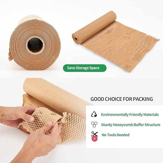 Honeycomb Packing Paper, HONSREO 15in x 300ft Eco Friendly Recyclable Cushioning Material, Bubble Wrap for Moving Shipping Breakable Supplies with 20 Fragile Sticker Lables (Brown)