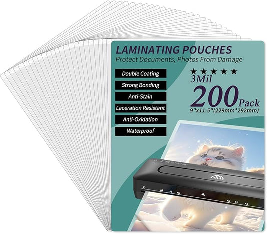 Laminating Sheets - 3Mil 200 Pack Thermal Laminating Pouches, 9"x11.5" Clear Laminate Sheets for Schedules, Menus, Certificates, Art Drawings, Round Corner