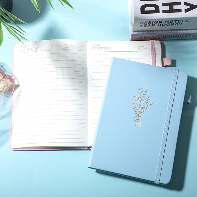 Lined Journal Notebook for Women Cute Leather Journaling Notebooks for Writing 192 Pages A5 Hardcover Aesthetic Floral Diary, 5.7 x 8.3 In, Blue