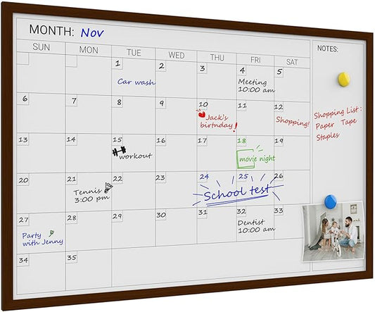 Comix Dry Erase Calendar Whiteboard for Wall,Magnetic Dry Erase White Board with Brown Wood Frame, 36 * 24 inches Decorative Planner Board for Office, Kitchen, School, Home