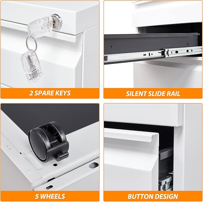 3 Drawer File Cabinet with Wheels, Metal Filing Cabinet with Lock, Office Rolling File Cabinets for A4/Legal/Letter Size, Assembly Required, White