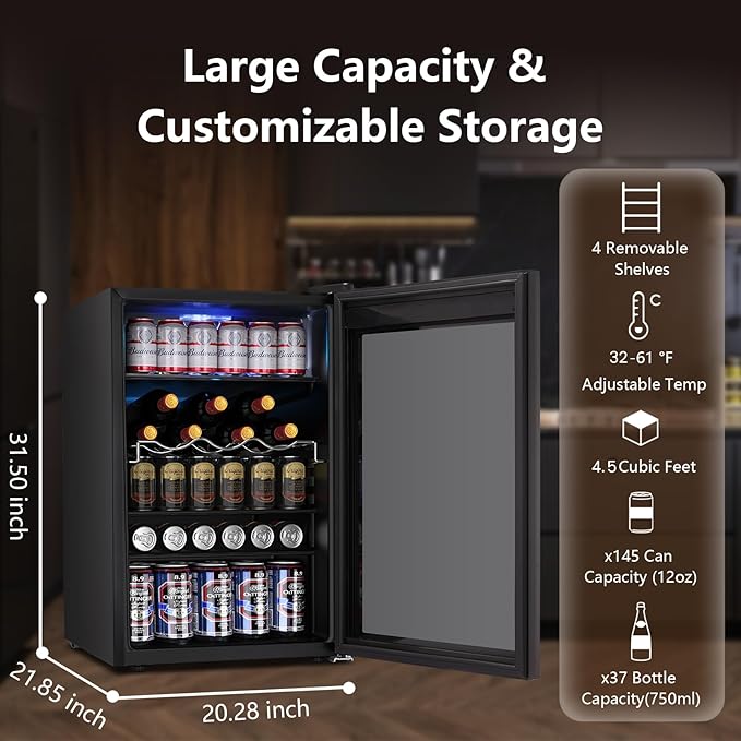 37 Bottle Wine Fridge,Freestanding 145 Can Beverage Refrigerator with Smart Temperature Control，4.5 CU FT Quiet Mini Fridge with Child Lock Panel for Family Restaurant Bar, Black