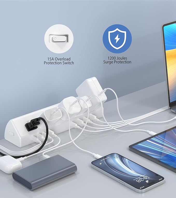 45W Fast Charging Station,Desk Clamp Power Strip,4 PD USB-C Ports,5 AC Outlets,Surge Protector Power Strip, 14AWG Heavy Duty Cord, Fits 1.9" Tabletop Edge (White, 10 FT Cable)