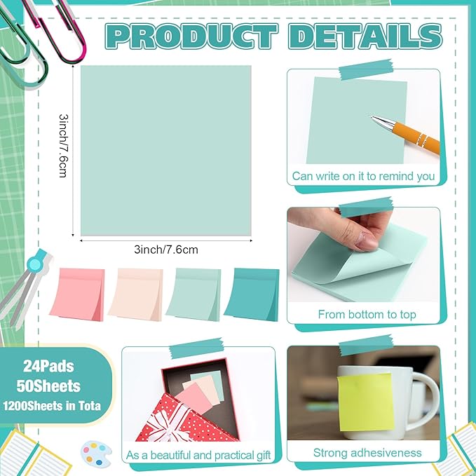 Fainne 24 Pack Sticky Notes Bulk Back to School Supplies Self Stick Note Pads Paper Memo for Office First Day of School Student Teacher Essentials (3x3inch,Fresh Color)