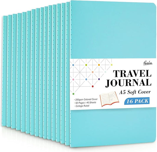feela 16 Pack Soft Cover Journal Bulk, Lined Notebooks College Ruled for Work for Women Girl Writing, Blank Travel Journal Note Taking Notebook School Business Supplies, 8.2” x 5.5”, A5, Light Blue