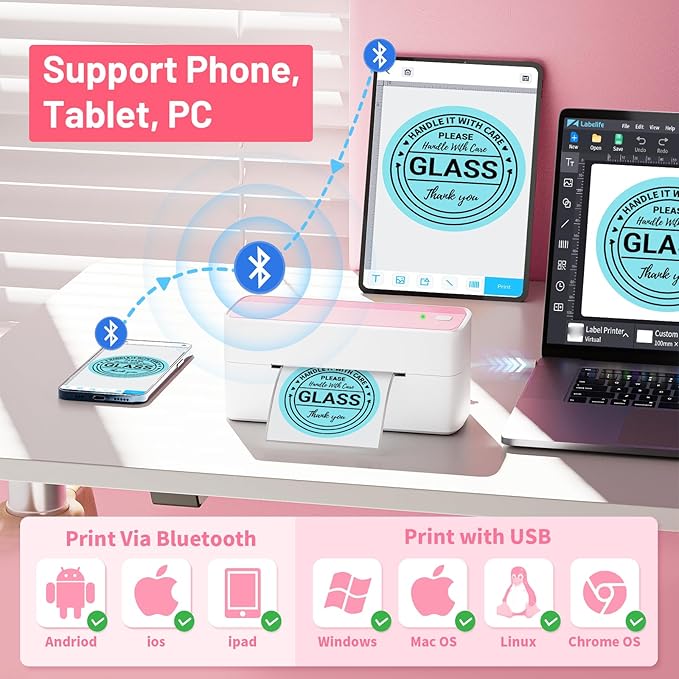 Phomemo Thermal Shipping Label Printer, 241BT Label Printer for Shipping Packages & Small Business, Pink 4x6 Bluetooth Label Printers Compatible with Android iOS Windows, Amazon, Ebay,UPS, Shopify