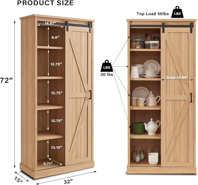 72” Tall Farmhouse Bookshelf, 32” Wide Large Wooden Bookcase w/Sliding Barn Door, 5-Tier Storage Cabinet with Adjustable Shelves, Modern Versatile Cabinet for Living Room, Offices, Natural Oak