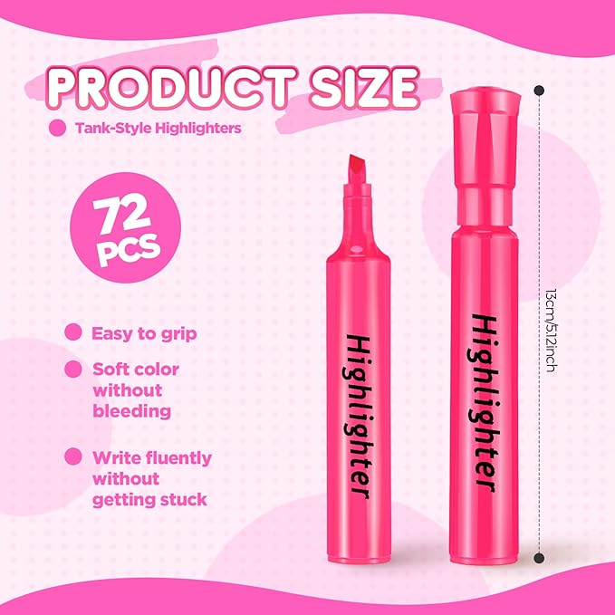 Qilery 72 Pack Highlighters Bulk, Tank Style Chisel Tip Highlighters Markers Quick Drying for Kids and Adult Coloring, Classroom Home Office School Supplies (Pink)