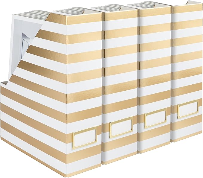 BLU MONACO Set of 4 Gold & White Striped Magazine File Boxes with Gold Label Holders – Stylish File Organizer Box for Desk, Office Supplies, File Folder Holder, and Book Organizer
