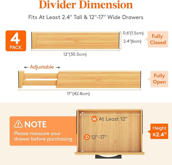Lifewit 4 Pack Drawer Dividers Bamboo 2.4" High, 12-17" Adjustable Drawer Organizers for Clothes, Wooden Dresser Separators in Bedroom/Bathroom/Kitchen/Fridge/Office Organization and Storage