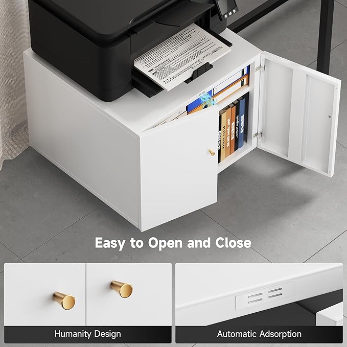 Warmiehomy Metal Printer Stand with Storage Mobile Printer Tables for Small Spaces with Door Adjustable Shelf White File Cabinet on Wheels for Home Office