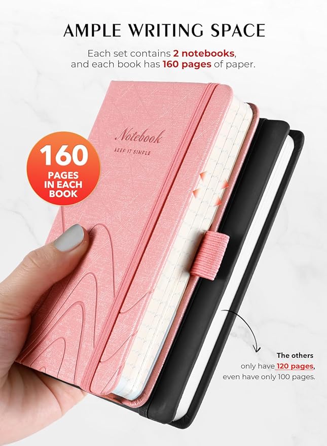 AISBUGUR Pocket Notebook, Small Notebook, 2-Pack Total 320 Pages,3.7" x 5.7" Pocket Notebook (2 Pack, Pink)