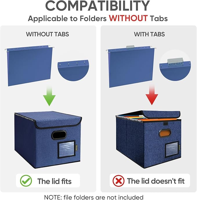 BALEINE File Organizer Box with Lid, Collapsible File Folder Organizer with Plastic Slide, Hanging File Folder Box for Office Document Storage (2 Pack, Blue)