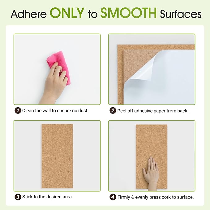 AKTOP Cork Board Bulletin Board 17"x8", 1/2" Thick Cork Board Tiles 10 Pack, Small Pin Board for Wall Decor, Self Adhesive Corkboards with 120 Push Pin Wood Clips for School, Home & Office