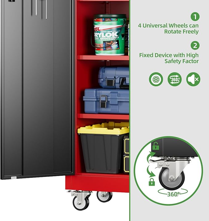 Aobabo Upgraded Garage Storage Cabinets with Wheels,Metal Storage Cabinets with 5 Adjustable Shelves for Garage Home Office Storage, Red-Black,71''H*32''W*16''D,Assembly Required