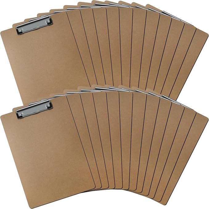24 Pack Clipboards Bulk, Standard A4 Letter Size Wooden Hardboard Office Clipboard for Classroom, Work-Meetings, with Low Profile Clip, 12.5 x 9 Inch