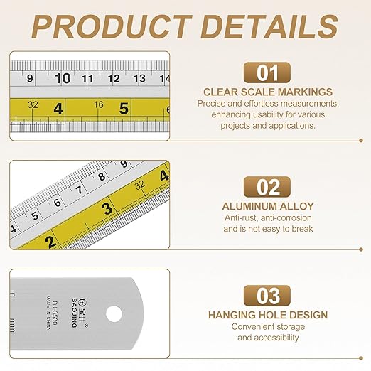 HARFINGTON 2pcs Metal Straight Ruler 20cm Metric SAE Aluminum Alloy Measuring Rulers Scale Tool with Hole for Measure Study Reading Classroom Office, Yellow