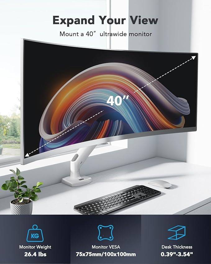 HUANUO Single Monitor Arm for 40 inch Screens, Ultrawide Computer Monitor Mount Holds 26.48 lbs, Upgraded Adjustable Stand with USB, C-Clamp & Grommet Base, VESA 75x75 or 100x100mm