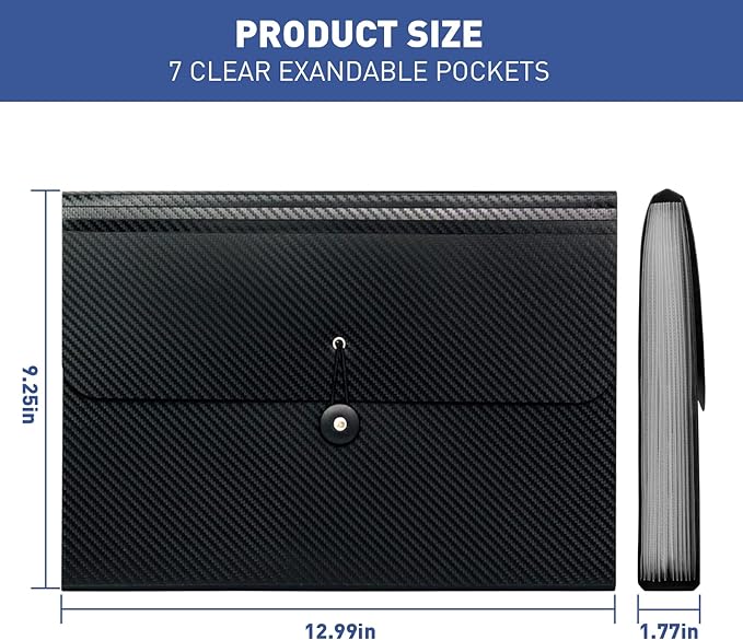 7 Pocket Expanding File Folder with Tab Inserts, Accordian File Organizer Document Receipt Organizer, Accordion Folder File Keeper A4 Letter Size, for School Home Office, Black