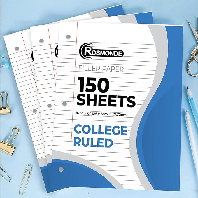 Loose Leaf Paper Bulk, 3600 Sheets, 24 Pack, College Ruled Sheets, 8 x 10.5", 150 Sheets/Pack, 3 Hole Punch, Bulk Notebook Paper, Filler Sheets, Fits Standard Binders, Fights Ink Bleed, White