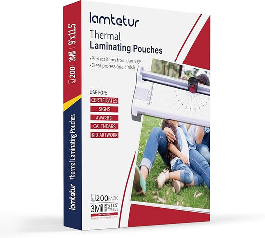 Thermal Laminating Pouches 9" x 11.5" Inches,Holds 8.5 x 11 Inch Sheets,3Mil 200Pack Laminate Films,Laminator Sheets,Letter Size Laminate Papers,Clear Lamination Sheets(75Mic-200sheets)