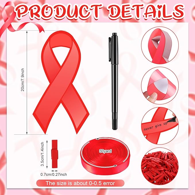 Kosiz 100 Pack Large Red Ribbon Awareness Set 100 Red Ribbon Week Cutouts Drug Free Heart Disease HIV Aids Awareness Items 2 Marker Pens 100 Wooden Clips with Rope for Public Charity Party Supplies