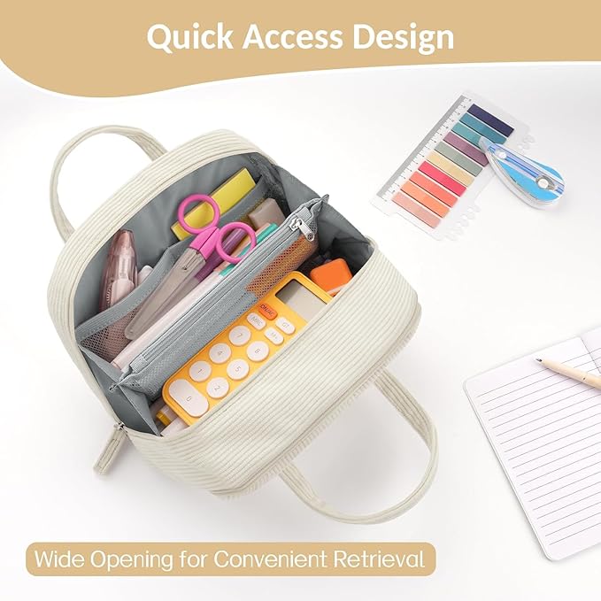 Sooez Large Pencil Case Pouch, Extra Big Pencil Bag with 5 Compartments, Pen Bag Wide Opening, Soft Waffle Pencil Pouch Organizer with Zipper, Cute Aesthetic School Supplies for Teen Girls-Coral