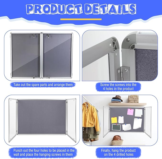 2 Pack Enclosed Bulletin Board 48"x36" Weather Resistant Lockable Enclosed Notice Cork Case Display Board Wall Mounted 2 Locking Door Aluminum Frame for Back to School Classroom, 12xA4(Gray)