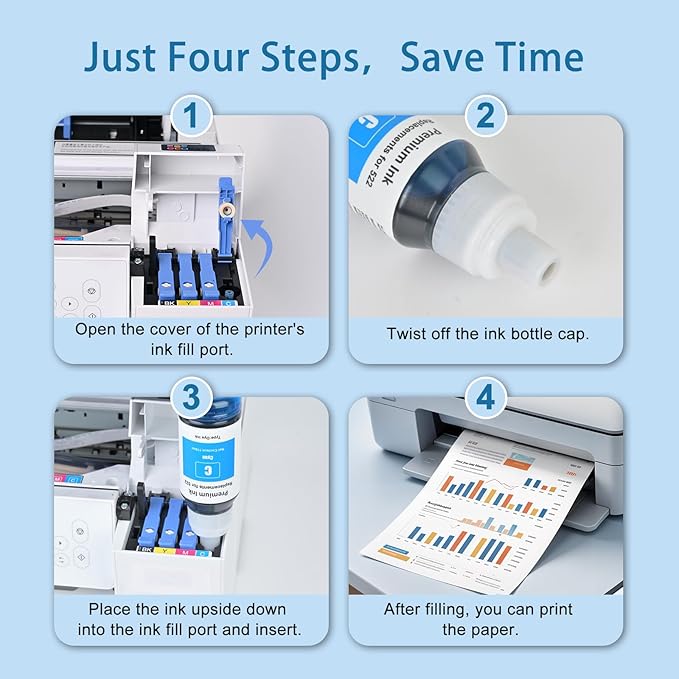 522 High Capacity Ink Refill Bottles Combo Pack Remanufactured for Epson 522 EcoTank Ink Works with EcoTank ET-2400, ET-2720, ET-2800, ET-2803, ET-2840 (5 Pack,550ML, Not Sublimation Ink)