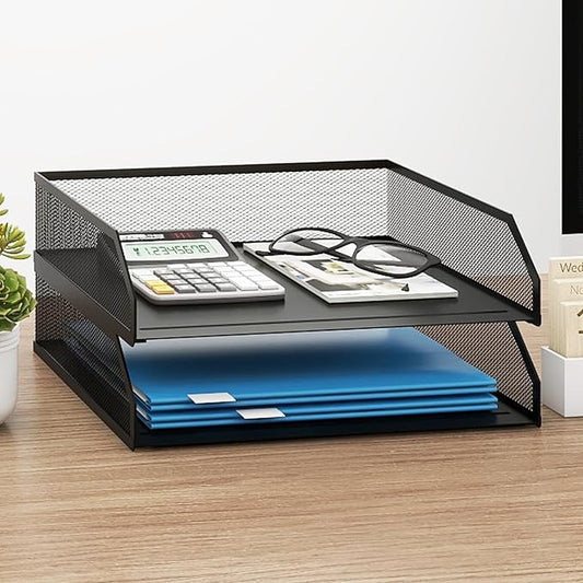 Natwind 2-Tier Stackable Paper Tray, Metal Mesh Desktop Organizer, A4 Desk Organizer, Stackable Letter Trays,File Folder Sorter Organizer with Sliding Tray for Home, Office, School (Black)