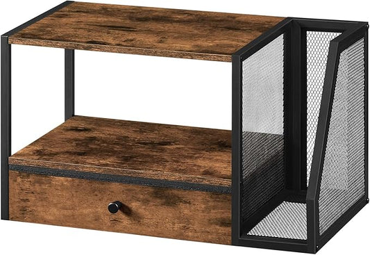 Home Printer Stand for Desk, Desktop Printer Table with Storage Drawer and Side Book Stand, 2-Tier Printer Shelf, Desk Organizer for Home Office, Rustic Brown and Black PTHR3001