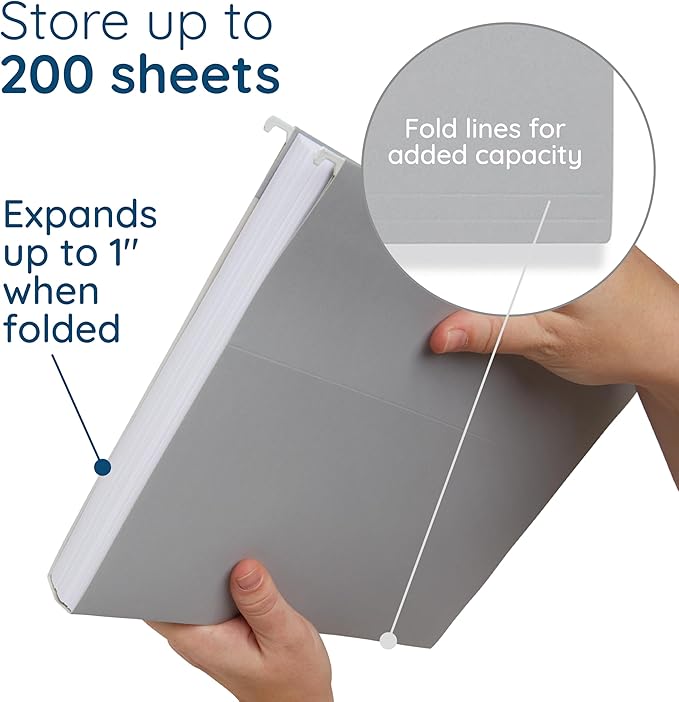 25 Blue Summit Supplies Grey Hanging File Folders Letter Size - Durable 11pt Paper, Hanging File Folders Gray, Plastic Tabs and Inserts Included, Perfect for Office Organization