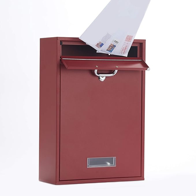 Wall Mounted Locking Vertical Dropbox Mailbox - Safe and Secure | Made with Galvanized Steel (Large, Red)