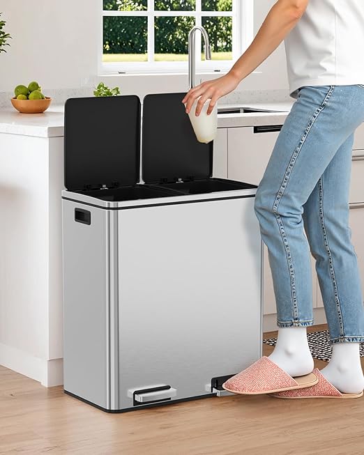 Arlopu 16 GallonStainless Steel Trash Can, 60L Dual Compartment, Metal Kitchen Step Recycle Bin, Metal Double Dustbin, in-Home Garbage Rubbish Can W/Removable Liner Buckets (Silver)