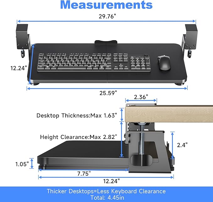 Keyboard Tray Under Desk Large C-Clamp 25.6” (30” Including Clamps) x 11.8” Slide-Out Platform Computer Drawer Pull Out Keyboard & Mouse Tray Black DSF4