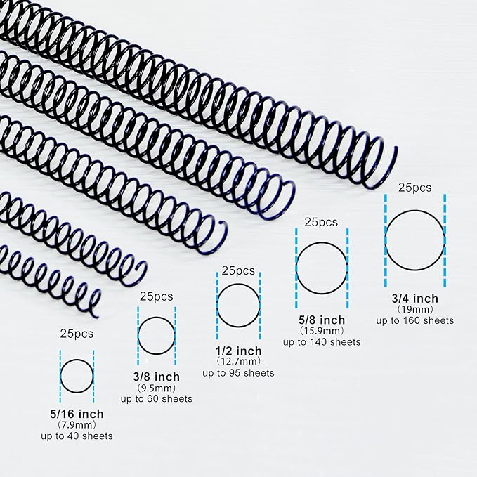 Rayson Plastic Spiral Binding Coil, Assorted Sizes (5/16", 3/8", 1/2", 5/8", 3/4") 3:1 Pitch, Black, Pack of 125 – Ideal for Business and Education