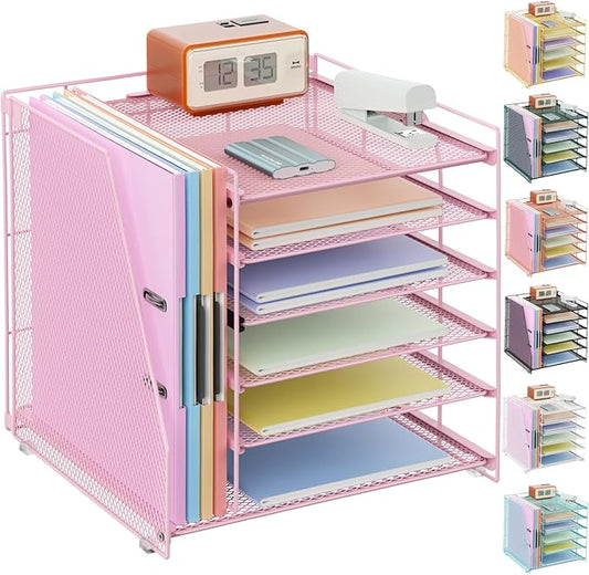 gianotter Desk Organizers and Accessories, 6-Tier Paper Organizer with Magazine rack, File Organizer for Desk, Desk Organizers for Women, Pink Office Decor (Pink)