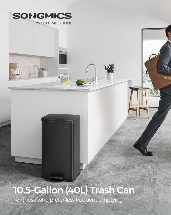 SONGMICS Kitchen Trash Can, 10.5 Gallon (40 L) Garbage Can, Large Step Trash Bin with Lid, Stainless Steel, Soft Close, 15 Trash Bags Included, Black ULTB540B40