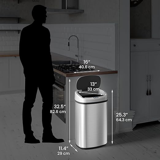 iTouchless 13 Gallon Stainless Steel Kitchen Trash Can with Sensor 2.0 Tech Touchless Lid and AbsorbX Odor Filter, Oval Slim Space-Saving Automatic Garbage Bin for Home, Office, Business, Restroom