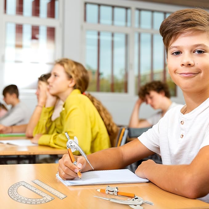 60 Pieces Geometry Math Set Compass for Geometry Math Compass and Protractor Set Include Metal Compass with Pencil Plastic Ruler and Protractor for Student School Office Woodworking Drawing Tools