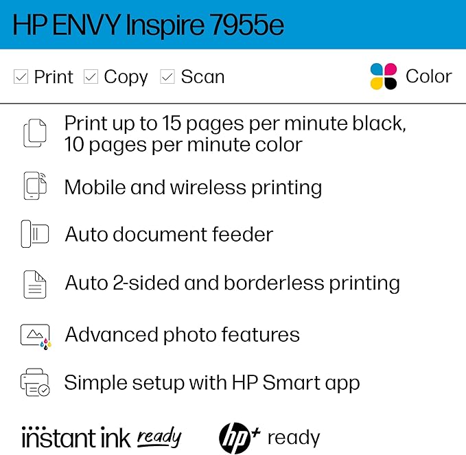 HP ENVY Inspire 7955e Wireless Color Inkjet Printer, Print, scan, copy, Easy setup, Mobile printing, Best-for home, 3 month Instant Ink trial included, White