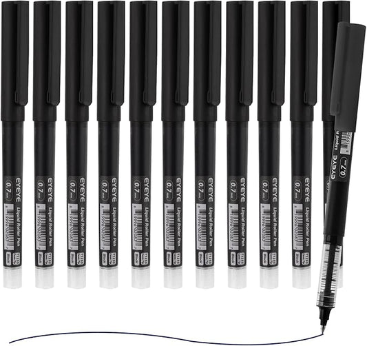 EYEYE Rollerball Pens Black 12 Pack, 0.7mm Fine Point Rollering Ball Pen Quick Dry, Liquid Ink Pens Fine Point Smooth Writing Pen for Journaling, Note Taking, Office and School Supplies