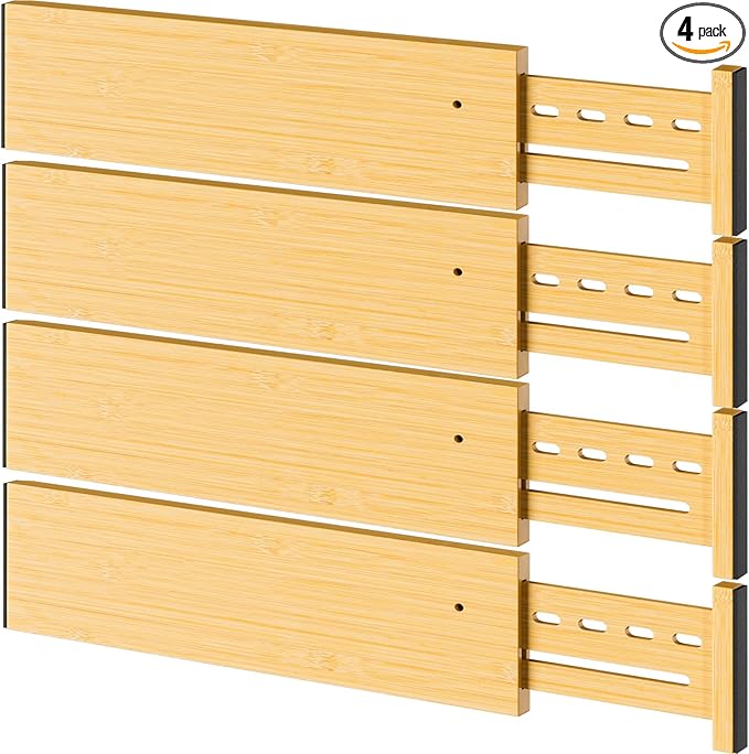 Bamboo Drawer Dividers 4" High, 16.5-22" Adjustable Drawer Organizers for Clothes,Expandable Dresser Separators in Bedroom/Kitchen/Bathroom/Office Organization and Storage,4 Pack