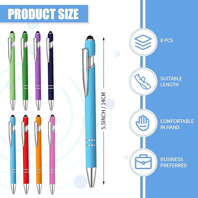 8 Pieces Ballpoint Pen with Stylus Tip Black Ink 2 in 1 Stylus Metal 1.0 mm Medium Point Smooth Pen Rainbow Colorful Rubberized Ballpoint for Touch Screen Tablet(Rainbow Color)