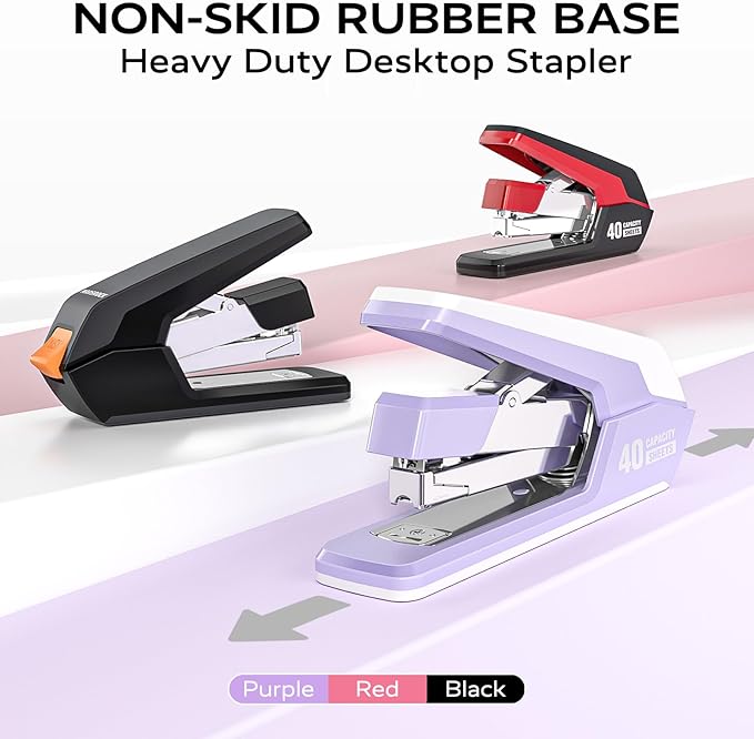 Effortless Stapler for Desk with 40-50 Sheet Capacity, 2000 Staples, 1-Touch Stapling, Ergonomic & Easy to Load Desktop Staplers, Heavy Duty Stapler, and Magnetic Staple Remover, Black