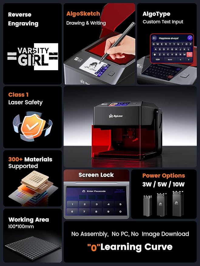 AlgoLaser 5W Smart Laser Engraver Machine: Portable Laser Engraver with 3.5" Touchscreen & 2.0 AlgoOS System - Hand Draw/Wireless Transmission/SD Card/Offline - Laser Engraving for Wood, Leather